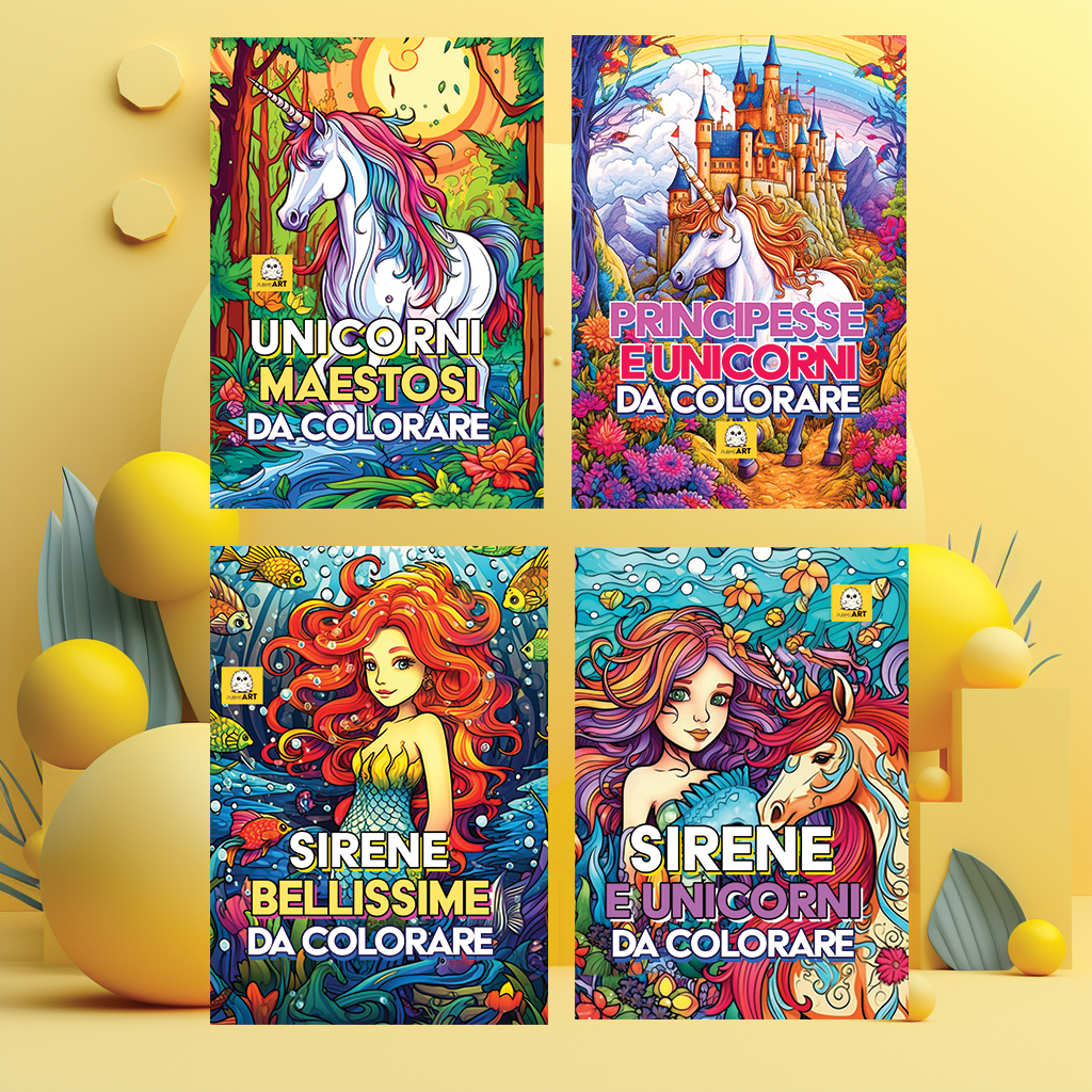 4 libri di Unicorni - Principesse - Sirene da colorare oltre 200 pagine